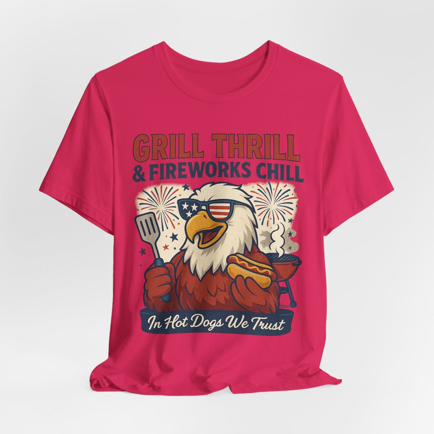 Grill Thrill Fireworks and Chills | Funny 4th of July Patriotic T-Shirt – USA Eagle BBQ Tee - Scripted Expression