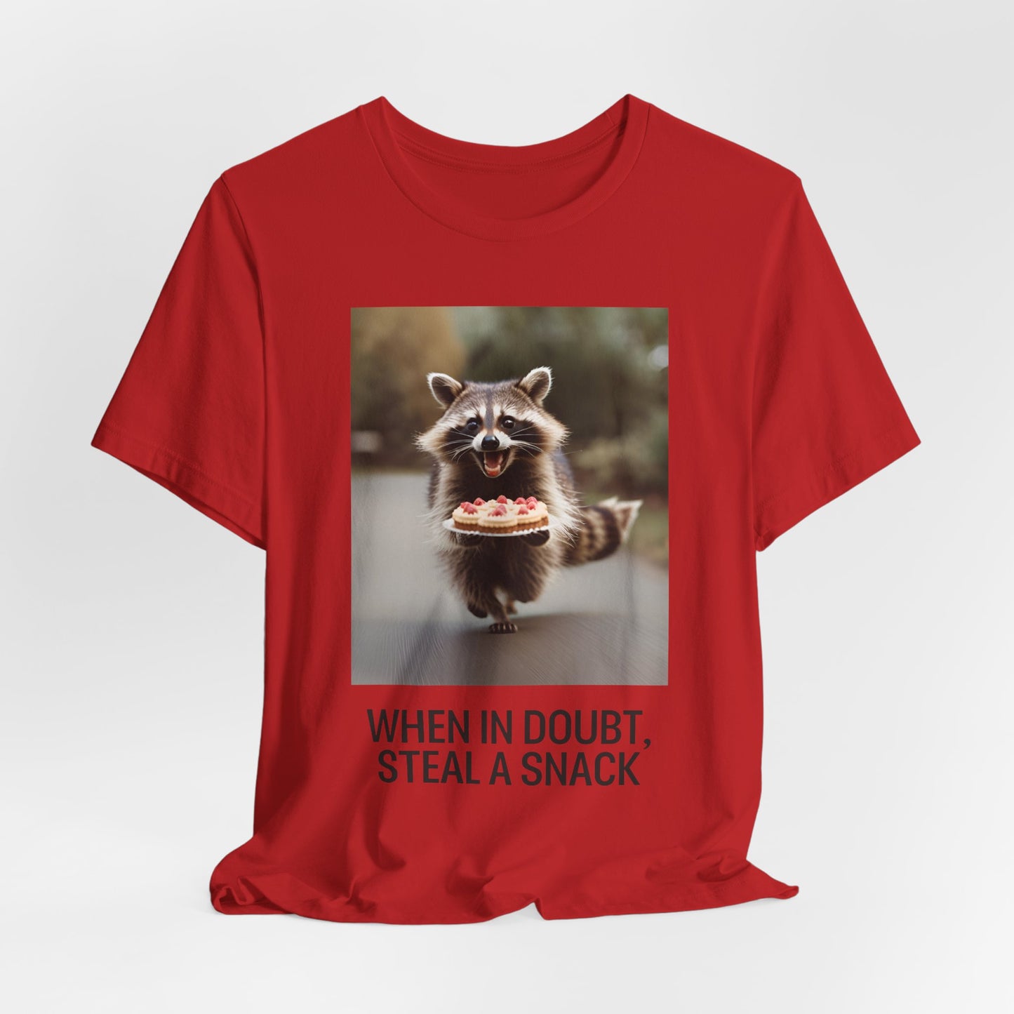 When in Doubt, Steal a Snack – Funny Raccoon Meme T-Shirt | Cute Animal Humor Tee - Scripted Expression