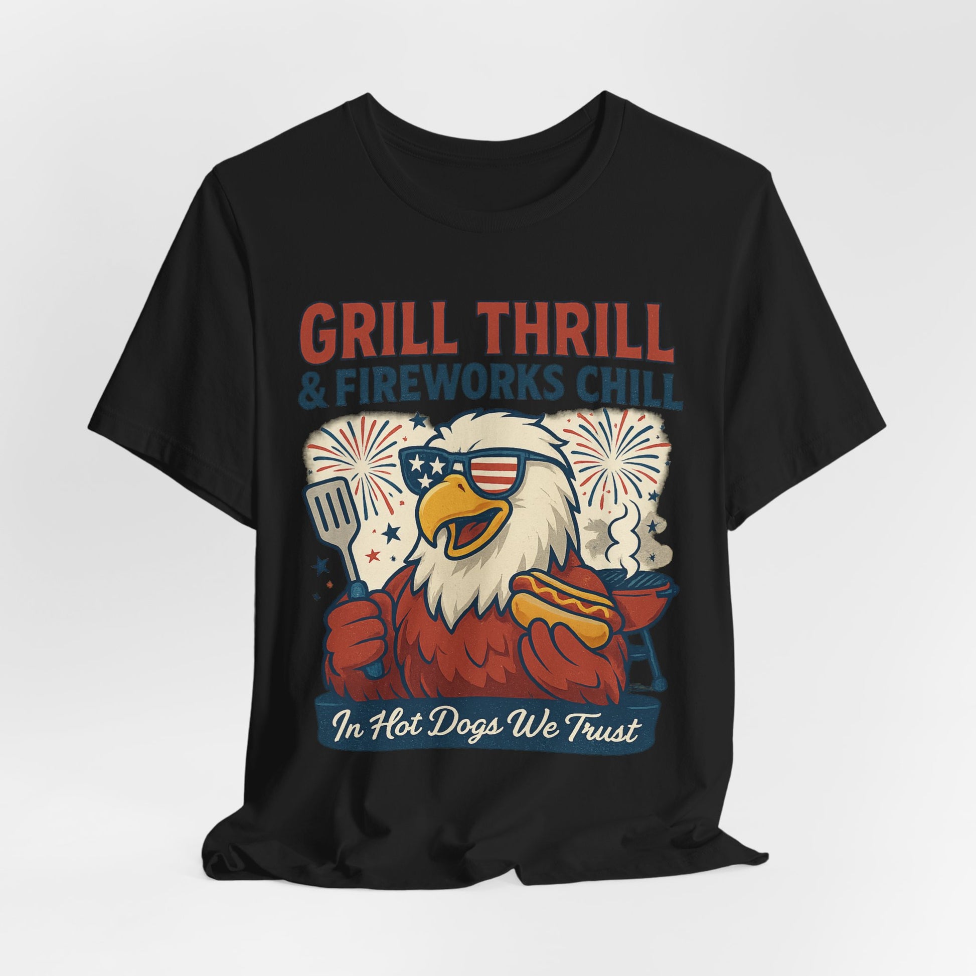 Grill Thrill Fireworks and Chills | Funny 4th of July Patriotic T-Shirt – USA Eagle BBQ Tee - Scripted Expression
