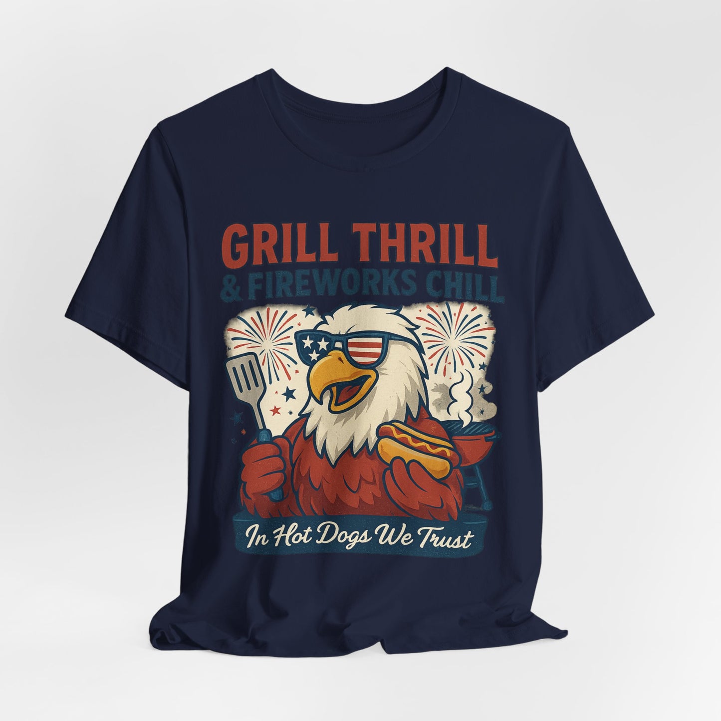 Grill Thrill Fireworks and Chills | Funny 4th of July Patriotic T-Shirt – USA Eagle BBQ Tee - Scripted Expression