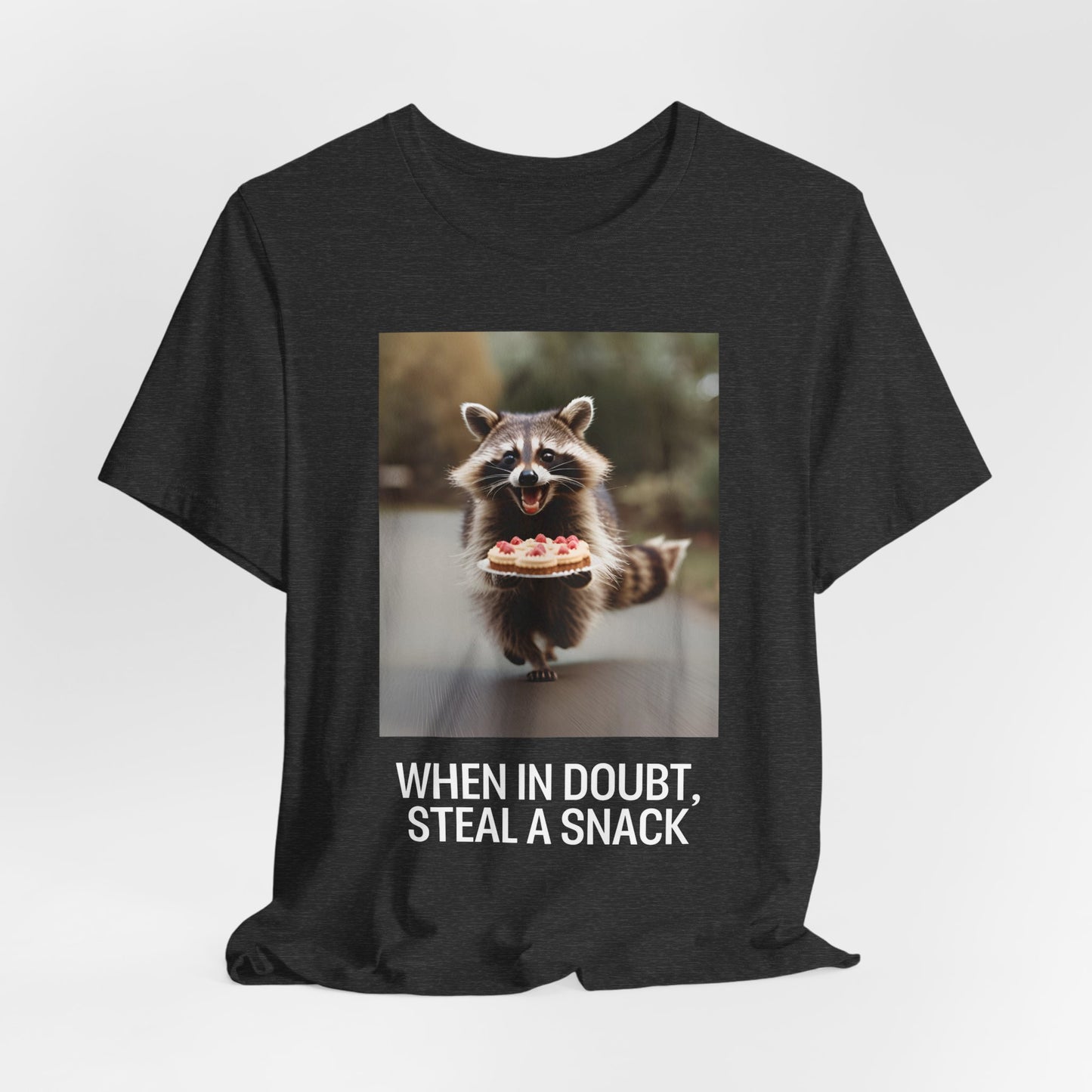 When in Doubt, Steal a Snack – Funny Raccoon Meme T-Shirt | Cute Animal Humor Tee - Scripted Expression