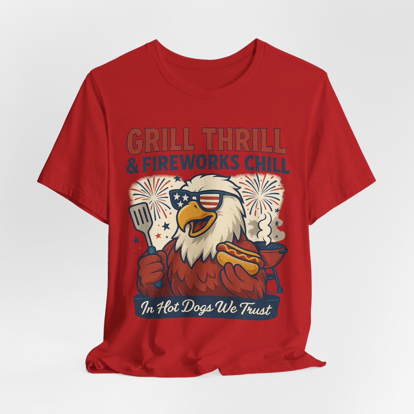 Grill Thrill Fireworks and Chills | Funny 4th of July Patriotic T-Shirt – USA Eagle BBQ Tee - Scripted Expression